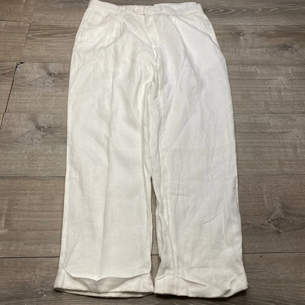 Inserch Linen Trousers Mens 38 White Pleated Wide Leg Cuffed Summer Beach Pants